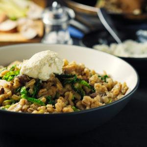 Easy Barley Risotto with Mushrooms, Sesame and Broccolini